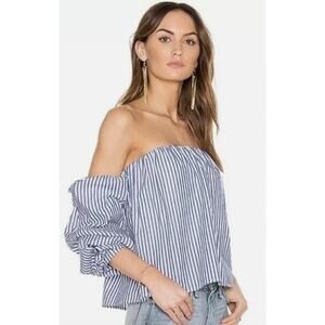 Bardot White and Blue Striped Off The Shoulder Shirt Size 6 / Small